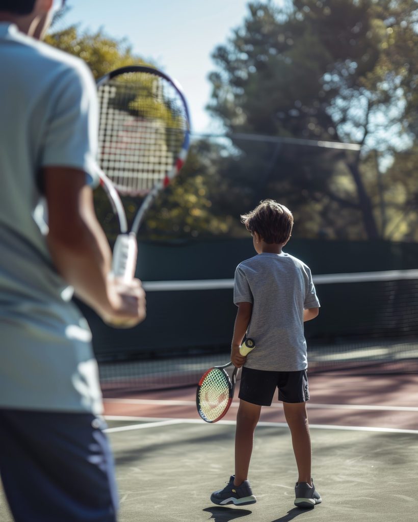 A child receives tennis coaching on a well-maintained court bathed in sunlight. the scene emphasizes an educational and supportive environment where the young athlete learns to perfect their swing under the watchful eye of a coach.